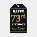 [ Thumbnail: Black, Faux Gold 73rd Birthday + Custom Name Gift Tags ]