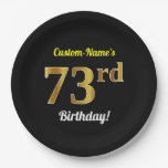 [ Thumbnail: Black, Faux Gold 73rd Birthday + Custom Name Paper Plates ]