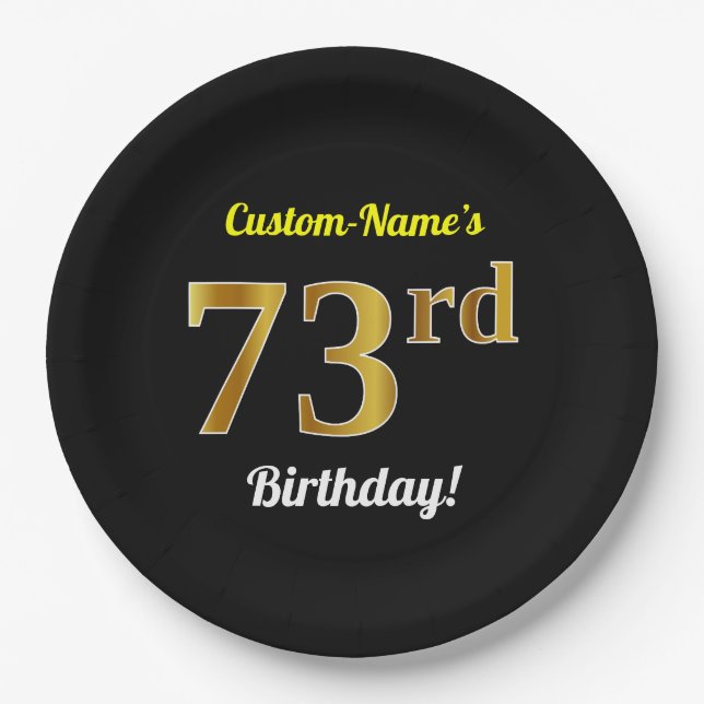 Black, Faux Gold 73rd Birthday + Custom Name Paper Plates (Front)