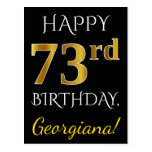 [ Thumbnail: Black, Faux Gold 73rd Birthday + Custom Name Postcard ]