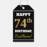 [ Thumbnail: Black, Faux Gold 74th Birthday + Custom Name Gift Tags ]