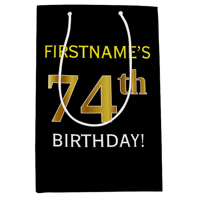 Black, Faux Gold 74th Birthday + Custom Name Medium Gift Bag (Front)