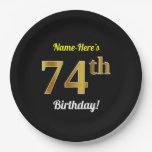 [ Thumbnail: Black, Faux Gold 74th Birthday + Custom Name Paper Plates ]
