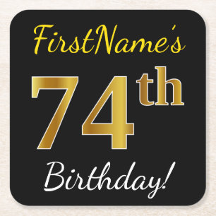 Black, Faux Gold 74th Birthday + Custom Name Square Paper Coaster