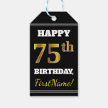 [ Thumbnail: Black, Faux Gold 75th Birthday + Custom Name Gift Tags ]