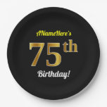 [ Thumbnail: Black, Faux Gold 75th Birthday + Custom Name Paper Plates ]