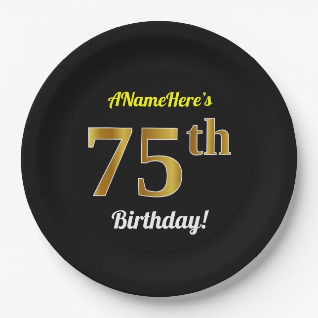 Black, Faux Gold 75th Birthday + Custom Name Paper Plates (Front)