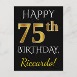 [ Thumbnail: Black, Faux Gold 75th Birthday + Custom Name Postcard ]