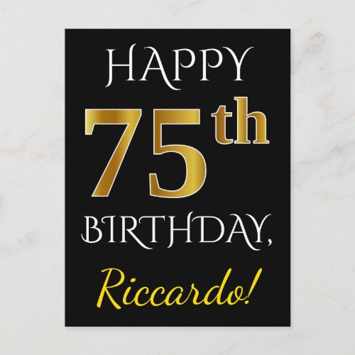 Black Faux Gold 75th Birthday  Custom Name Postcard