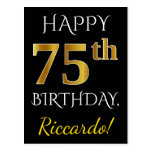 [ Thumbnail: Black, Faux Gold 75th Birthday + Custom Name Postcard ]