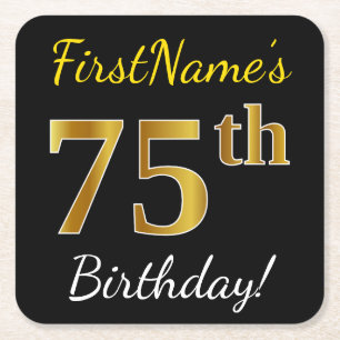 Black, Faux Gold 75th Birthday + Custom Name Square Paper Coaster