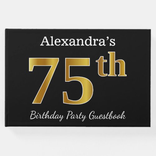 Black Faux Gold 75th Birthday Party  Custom Name Guest Book