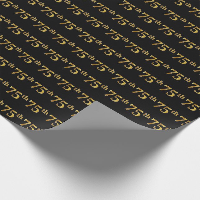 Black, Faux Gold 75th (Seventy-Fifth) Event Wrapping Paper (Corner)