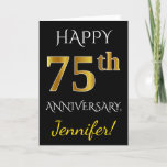 [ Thumbnail: Black, Faux Gold 75th Wedding Anniversary + Name Card ]