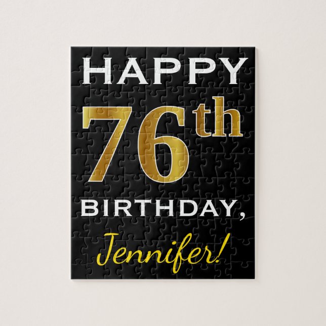 Black, Faux Gold 76th Birthday + Custom Name Jigsaw Puzzle (Vertical)