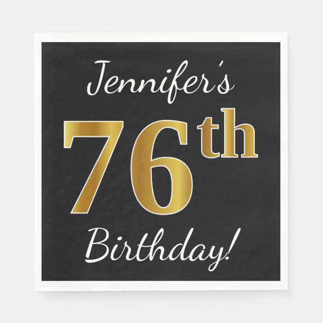 Black, Faux Gold 76th Birthday + Custom Name Napkins (Front)