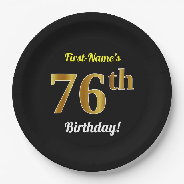 Black, Faux Gold 76th Birthday + Custom Name Paper Plates (Front)