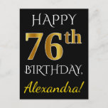[ Thumbnail: Black, Faux Gold 76th Birthday + Custom Name Postcard ]