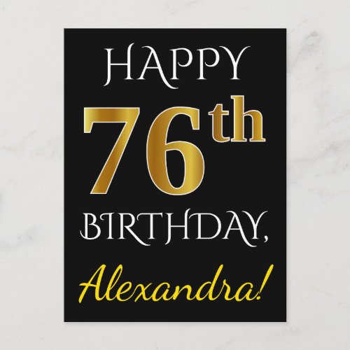 Black Faux Gold 76th Birthday  Custom Name Postcard