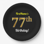 [ Thumbnail: Black, Faux Gold 77th Birthday + Custom Name Paper Plates ]