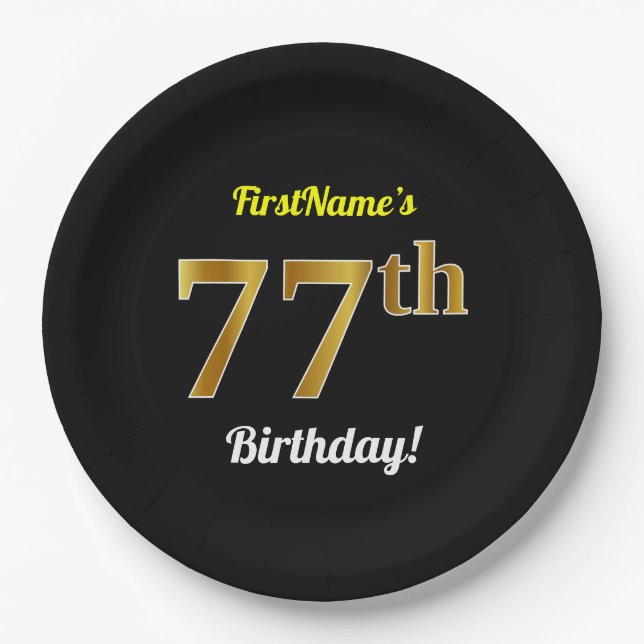 Black, Faux Gold 77th Birthday + Custom Name Paper Plates (Front)