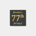 [ Thumbnail: Black, Faux Gold 77th Birthday, With Custom Name Notes ]