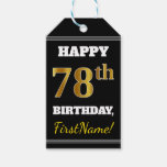 [ Thumbnail: Black, Faux Gold 78th Birthday + Custom Name Gift Tags ]