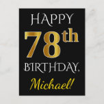 [ Thumbnail: Black, Faux Gold 78th Birthday + Custom Name Postcard ]