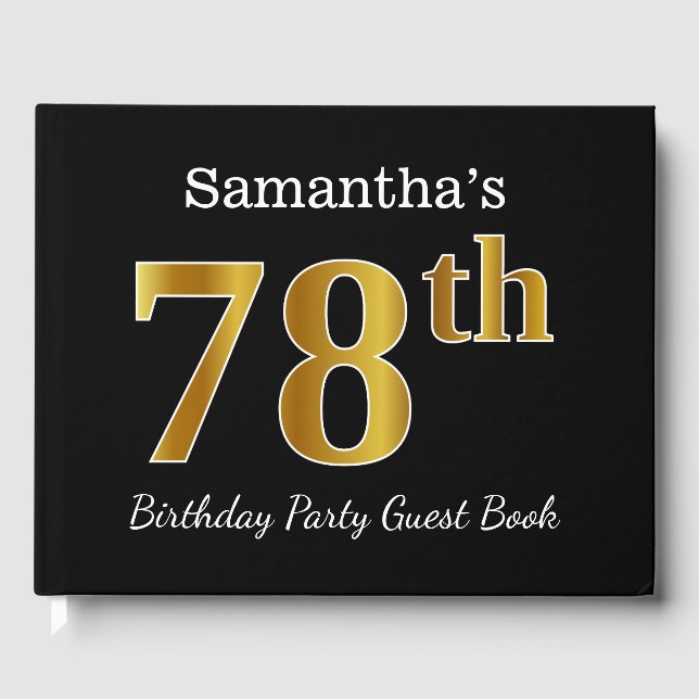 Black, Faux Gold 78th Birthday Party + Custom Name Guest Book (Front)