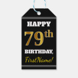 [ Thumbnail: Black, Faux Gold 79th Birthday + Custom Name Gift Tags ]