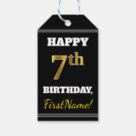 [ Thumbnail: Black, Faux Gold 7th Birthday + Custom Name Gift Tags ]