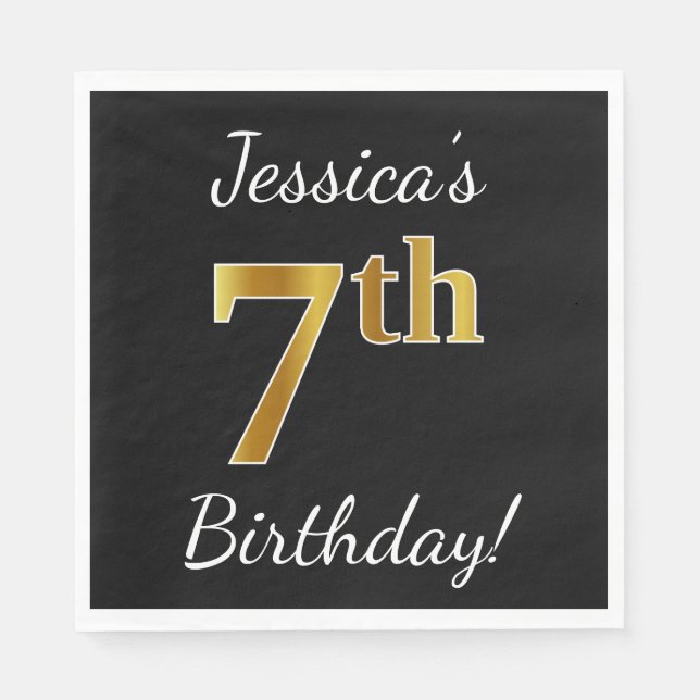 Black, Faux Gold 7th Birthday + Custom Name Napkins (Front)