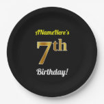 [ Thumbnail: Black, Faux Gold 7th Birthday + Custom Name Paper Plates ]