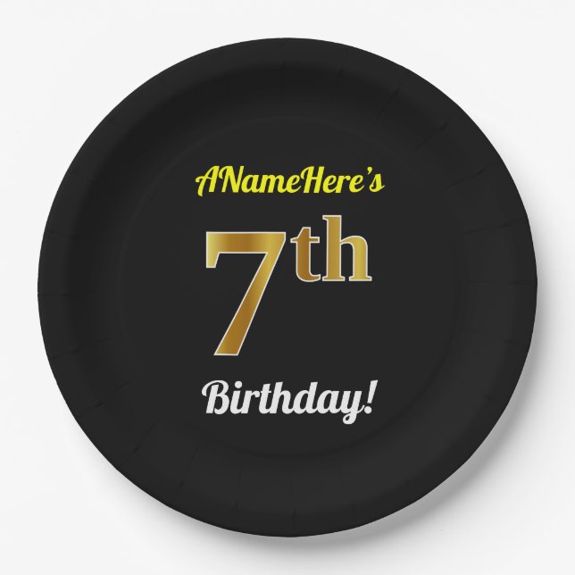 Black, Faux Gold 7th Birthday + Custom Name Paper Plates (Front)