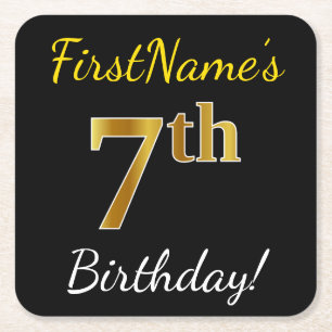 Black, Faux Gold 7th Birthday + Custom Name Square Paper Coaster