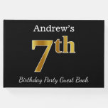 [ Thumbnail: Black, Faux Gold 7th Birthday Party + Custom Name Guest Book ]