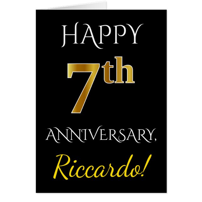 Black, Faux Gold 7th Wedding Anniversary + Name Cards (Front)