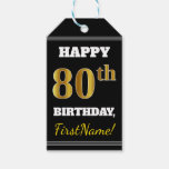 [ Thumbnail: Black, Faux Gold 80th Birthday + Custom Name Gift Tags ]