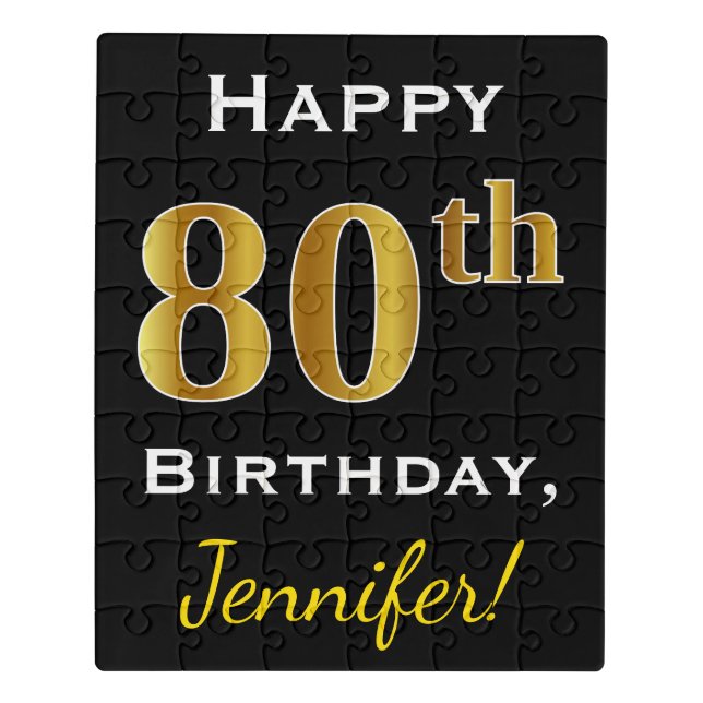 Black, Faux Gold 80th Birthday + Custom Name Jigsaw Puzzle (Puzzle Vertical)