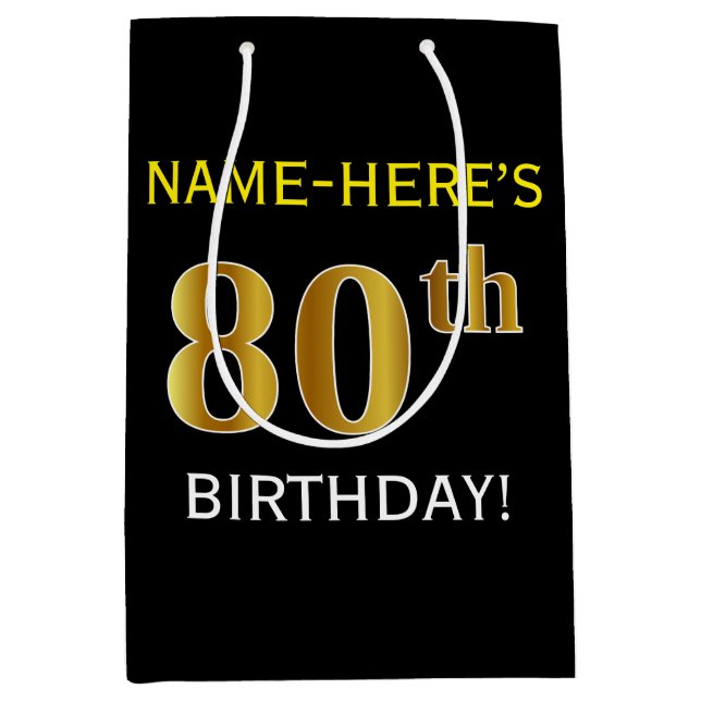 Black, Faux Gold 80th Birthday + Custom Name Medium Gift Bag (Front)