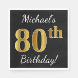 [ Thumbnail: Black, Faux Gold 80th Birthday + Custom Name Paper Napkin ]