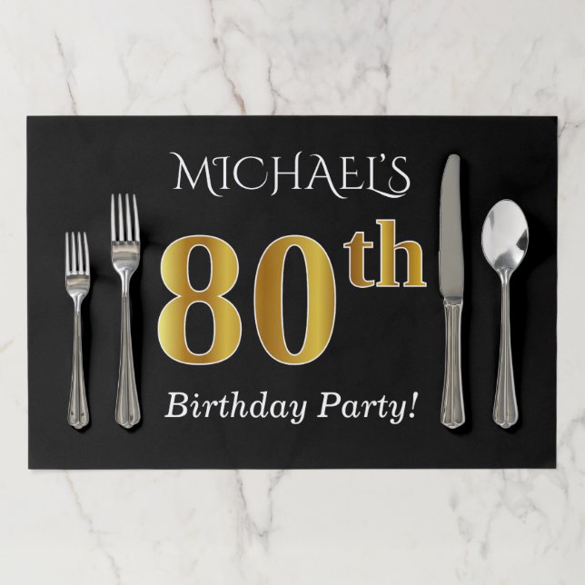 Black, Faux Gold 80th Birthday + Custom Name Paper Placemat (In Situ)