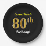 [ Thumbnail: Black, Faux Gold 80th Birthday + Custom Name Paper Plates ]