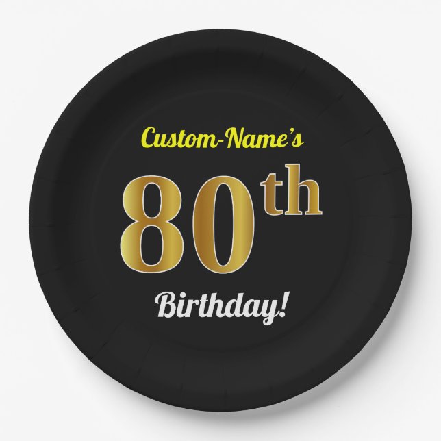 Black, Faux Gold 80th Birthday + Custom Name Paper Plates (Front)