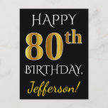 [ Thumbnail: Black, Faux Gold 80th Birthday + Custom Name Postcard ]