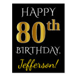[ Thumbnail: Black, Faux Gold 80th Birthday + Custom Name Postcard ]