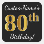 [ Thumbnail: Black, Faux Gold 80th Birthday + Custom Name Sticker ]