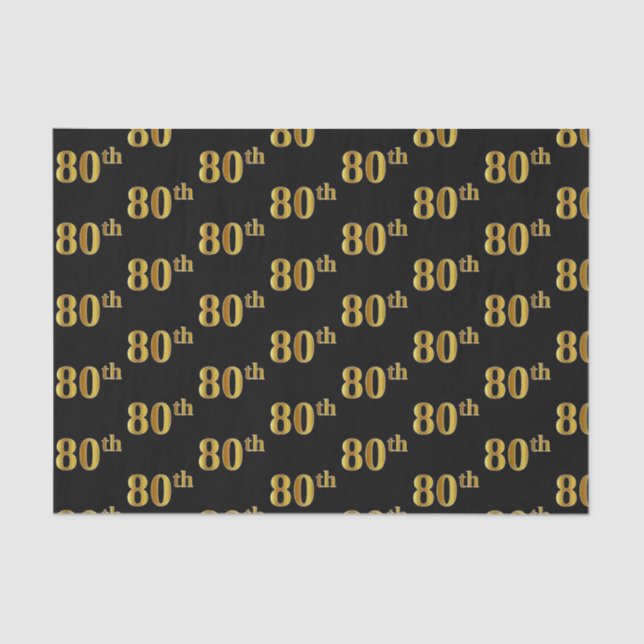 Black, Faux Gold 80th (Eightieth) Event Tissue Paper (Front)