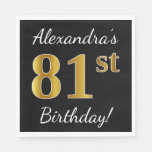 [ Thumbnail: Black, Faux Gold 81st Birthday + Custom Name Paper Napkin ]