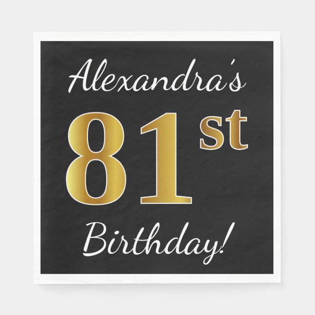 Black, Faux Gold 81st Birthday + Custom Name Paper Napkins (Front)